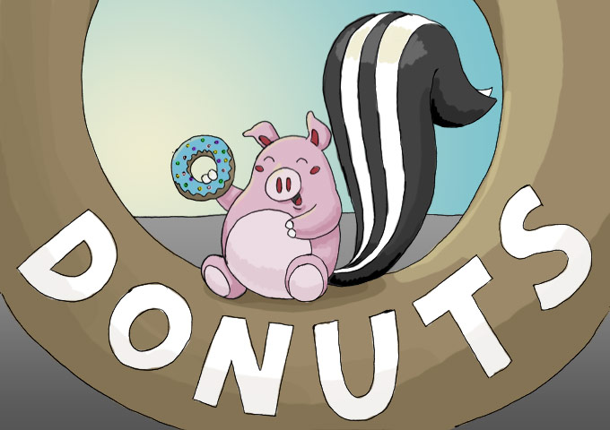 Illustration of pig skunk eating a donut on Randy's Donuts